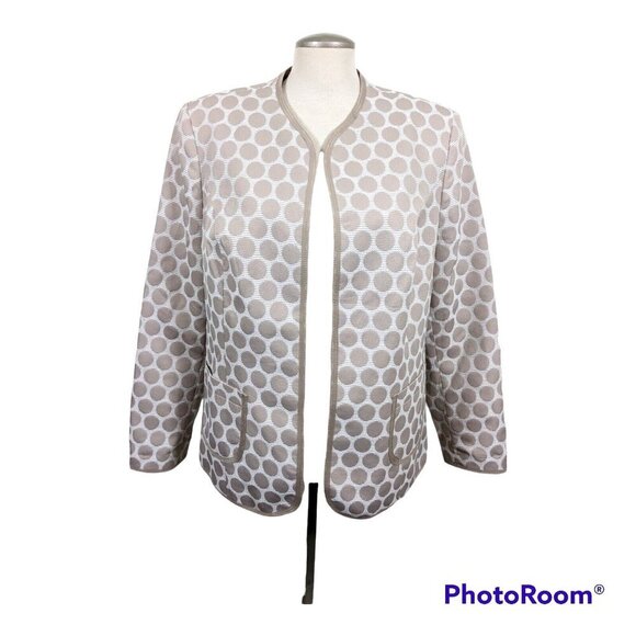 Vintage Open Front Jacket Womens Size 14 Beige Polka Dot Blazer Neutral Textured - Picture 2 of 6